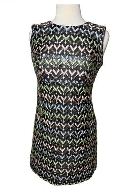 Milly Runway Couture Sleeveless Chevron Metallic Shift Dress in Black-Size 4